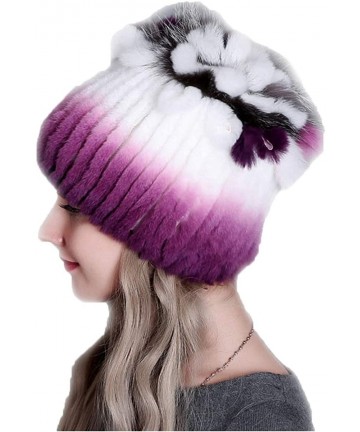 Skullies & Beanies Fur Hat Real Rex Rabbit Fur and Silver Fox Fur Top Flower Shape Cap Women Elastic Winter Warm - Purple + W...