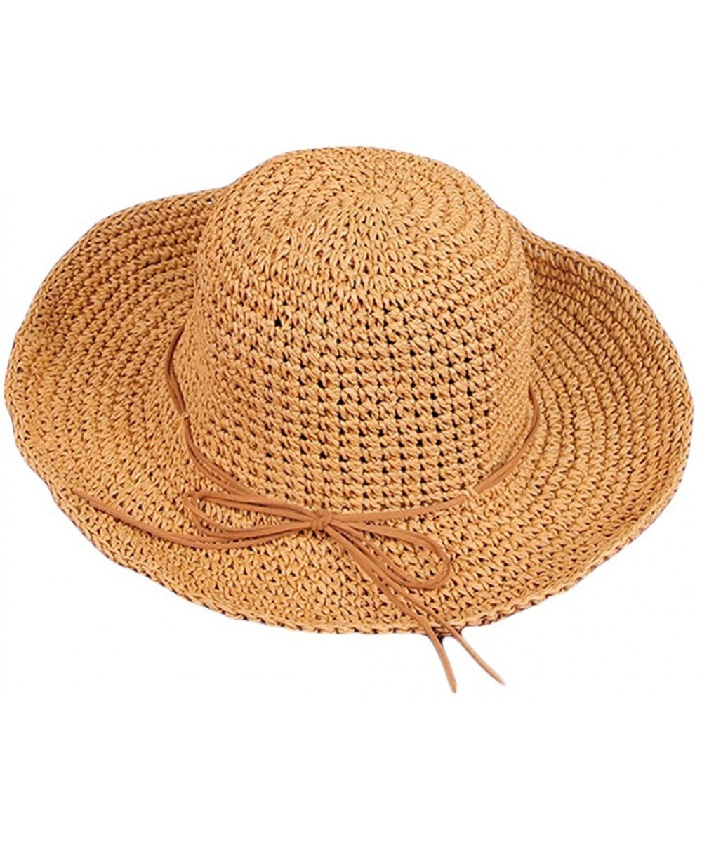 Sun Hats Womengilrs Floppy Summer Sun Straw Hats Hollow Pure Colour Hat with Big Bowknot - Khaki - C61827T83X6 $15.07