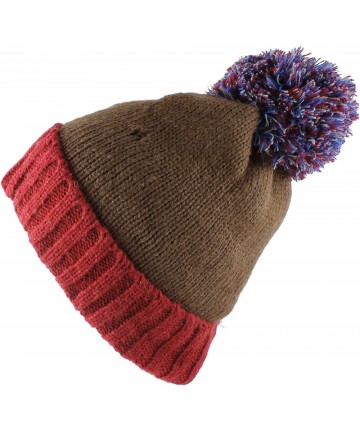 Berets Multi Color Pom Pom Crochet Thick Knit Slouchy Beanie Beret Winter Ski Hat - Red/Brown - CV12CFUM06L $23.06