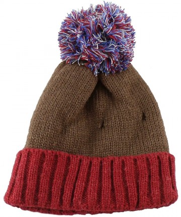 Berets Multi Color Pom Pom Crochet Thick Knit Slouchy Beanie Beret Winter Ski Hat - Red/Brown - CV12CFUM06L $16.51
