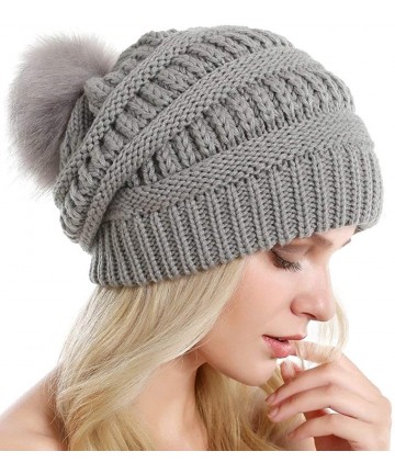 Skullies & Beanies Slouchy Winter Knit Beanie Cap Chunky Faux Fur Pom Pom Hat Bobble Ski Cap - Pink 02 - C718ROON7QE $18.22
