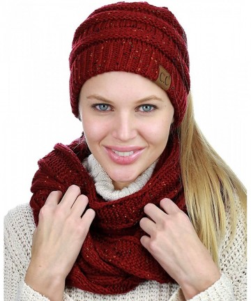 Skullies & Beanies Colorful Confetti BeanieTail Messy High Bun Cable Knit Beanie and Infinity Loop Scarf Set - Burgundy - C41...