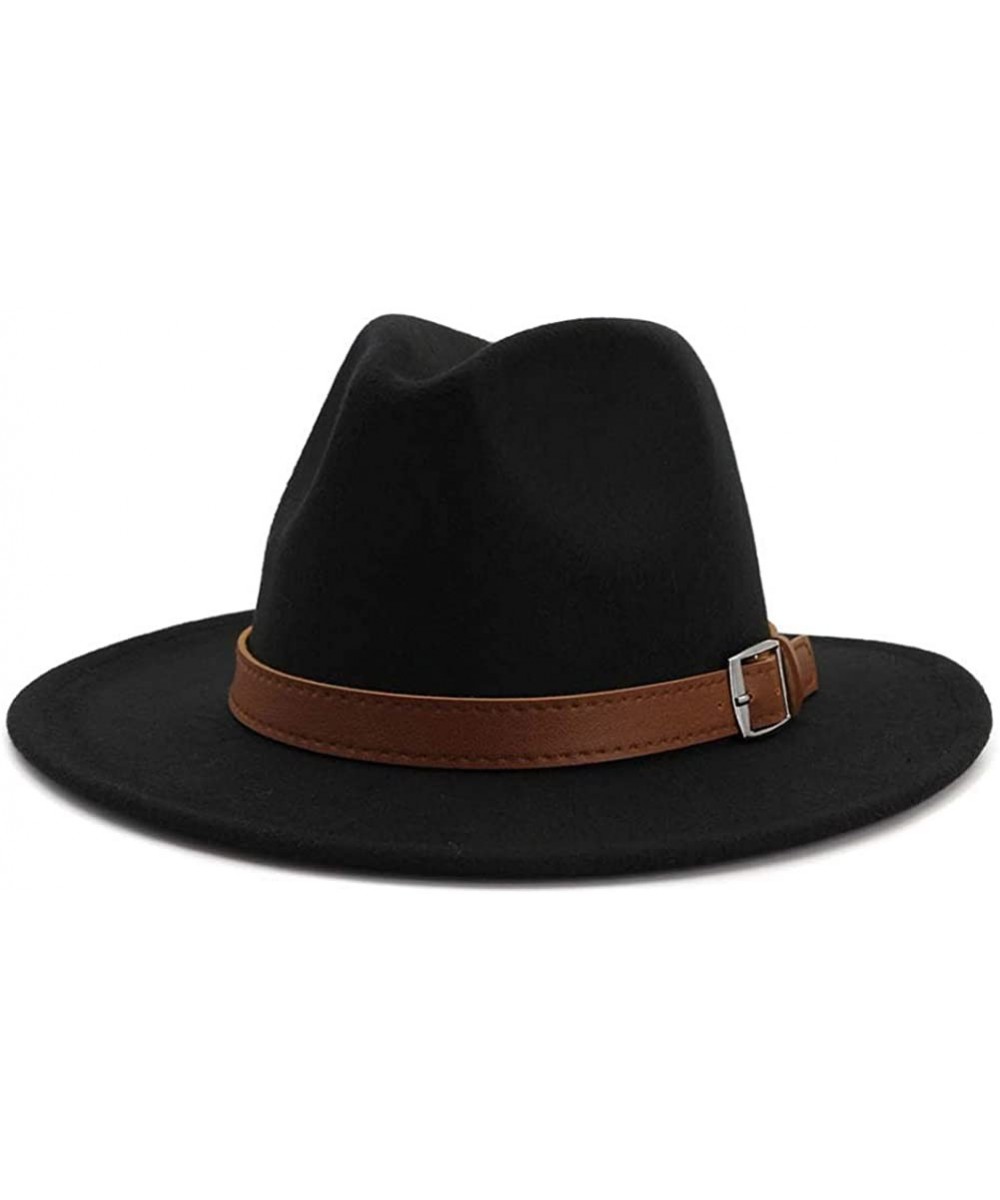 Fedoras Classic Men & Women Wide Brim Fedora Panama Hat with Belt Buckle - Black - CV18RZAXWM2 $28.34