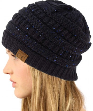 Skullies & Beanies Winter Trendy Soft Cable Knit Stretchy Warm Ribbed Beanie Skully Ski Hat Cap - Sequins Navy - CG18HAXOUZ6 ...