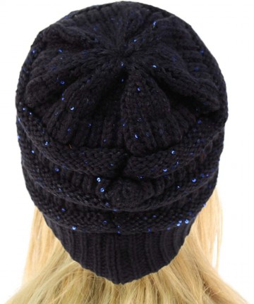 Skullies & Beanies Winter Trendy Soft Cable Knit Stretchy Warm Ribbed Beanie Skully Ski Hat Cap - Sequins Navy - CG18HAXOUZ6 ...