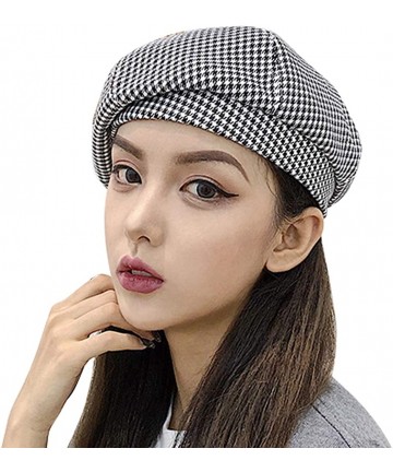 Berets Cotton Blend Houndstooth Print Beret Elastic French Style Painter Hat Cap- Black White - C018HYIHT0N $19.06
