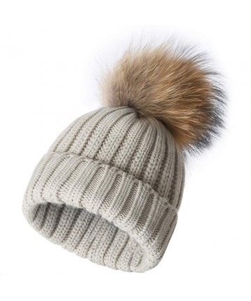 Skullies & Beanies Winter Knit Hat Real Fox/Raccoon Fur Pom Pom Womens Girls Knit Beanie Hat - Biege - CA186EHOA42 $20.25