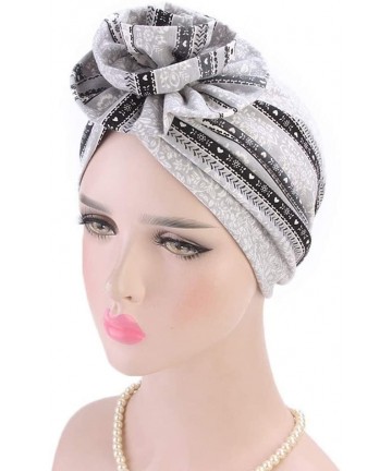 Skullies & Beanies Newest Beautiful Women India Muslim Stretch Turban Hat Retro Print Hair Loss Head Scarf Wrap (Gray) - Gray...
