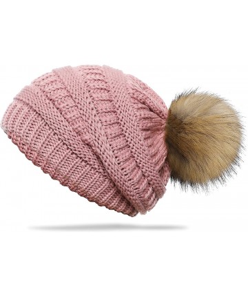 Skullies & Beanies Slouchy Winter Knit Beanie Cap Chunky Faux Fur Pom Pom Hat Bobble Ski Cap - Light Pink 01 - CG193OTOKQX $1...