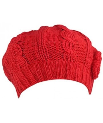 Berets Women Crochet Braided Knit Flower Beret Baggy Beanie Ski Cap Hat - Red - C2124REDK0X $13.91
