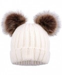 Skullies & Beanies Womens Winter Thick Cable Knit Beanie Hat with Faux Fur Pompom Ears - White Beanie With Coffee Pompom - CV...