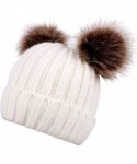 Skullies & Beanies Womens Winter Thick Cable Knit Beanie Hat with Faux Fur Pompom Ears - White Beanie With Coffee Pompom - CV...