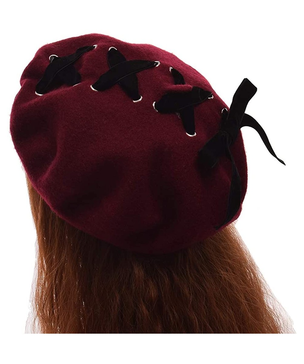 Berets Women's Handmade Lolita Beret Cap with Ribbon Bowknot - Wine Red - CR183ME073O $25.09