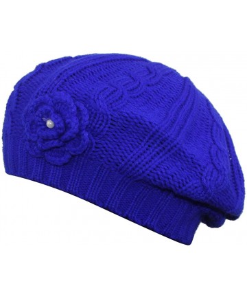 Berets Women Crochet Braided Knit Flower Beret Baggy Beanie Ski Cap Hat - Blue - CU17YDCOXGA $14.23