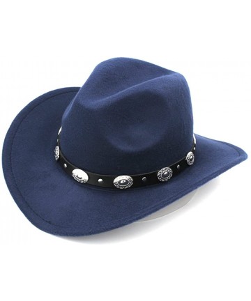 Cowboy Hats Womem Men Wool Blend Western Cowboy Hat Wide Brim Cowgirl Jazz Cap Leather Band - Dark Blue - CI186I0LUAT $16.93