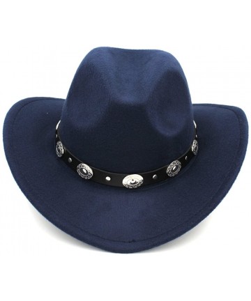 Cowboy Hats Womem Men Wool Blend Western Cowboy Hat Wide Brim Cowgirl Jazz Cap Leather Band - Dark Blue - CI186I0LUAT $16.93