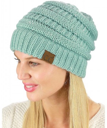 Skullies & Beanies Women's Sparkly Sequins Warm Soft Stretch Cable Knit Beanie Hat - Mint - CK18IQGHXTL $24.25