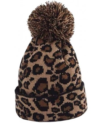 Skullies & Beanies Women Knit Hats Warm Leopard Beanie with Pom - Khaki - CB18U95ICCX $14.06