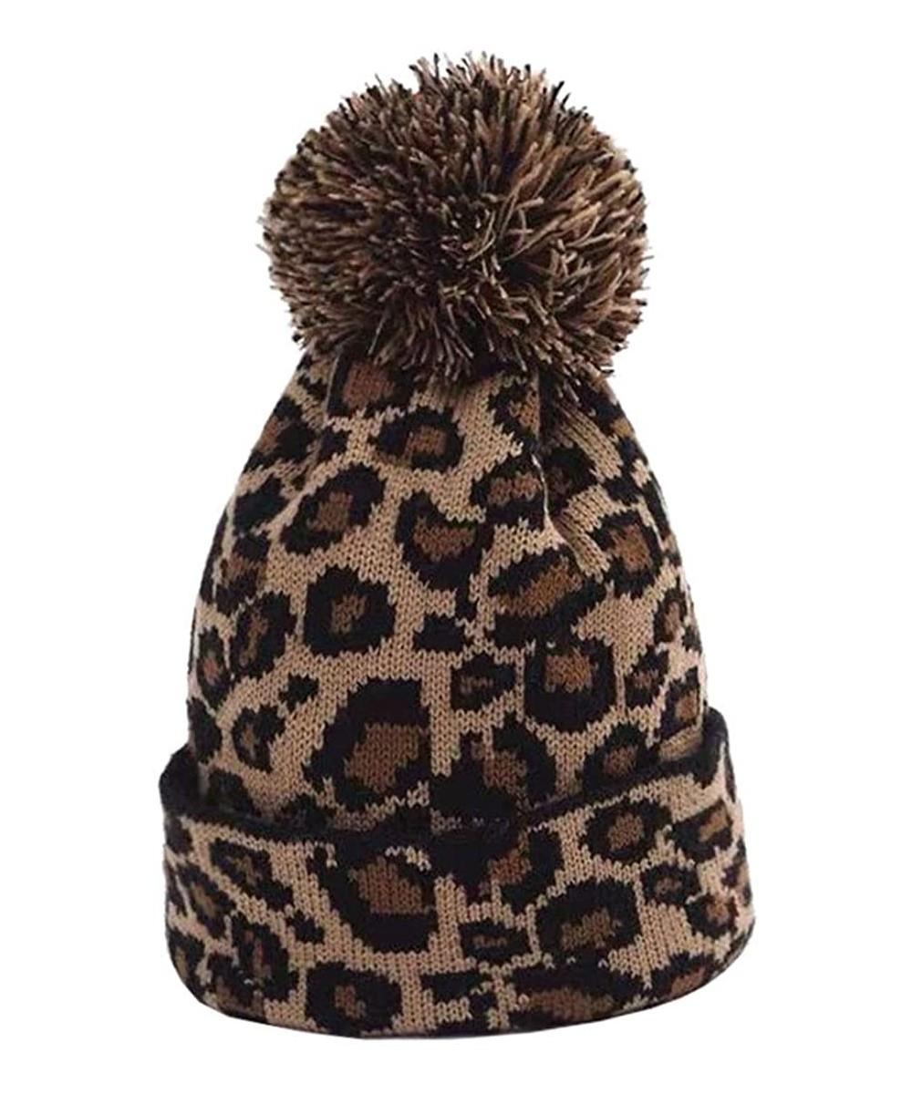 Skullies & Beanies Women Knit Hats Warm Leopard Beanie with Pom - Khaki - CB18U95ICCX $14.06