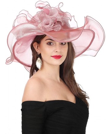 Sun Hats Women Kentucky Derby Church Beach Fascinators Hat Wide Floral Brim Flat Hat with Bowknot - New Dark Pink - C018H8R9A...