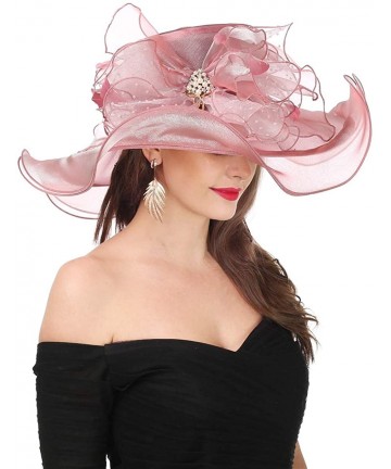 Sun Hats Women Kentucky Derby Church Beach Fascinators Hat Wide Floral Brim Flat Hat with Bowknot - New Dark Pink - C018H8R9A...