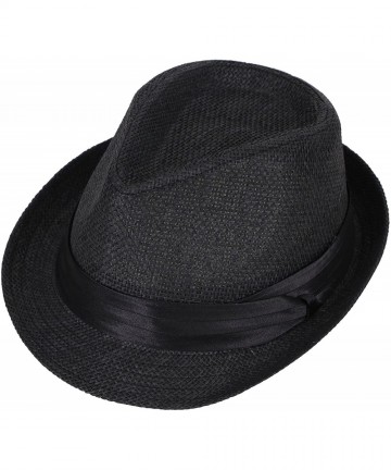 Fedoras Unisex Summer Straw Structured Fedora Hat w/Cloth Band - Black - CA189YS03T3 $19.81