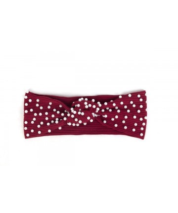 Headbands Women's Pearl Studded Ribbed Knotted Headband - Wine Red White - CF18X7K3D9C $21.82