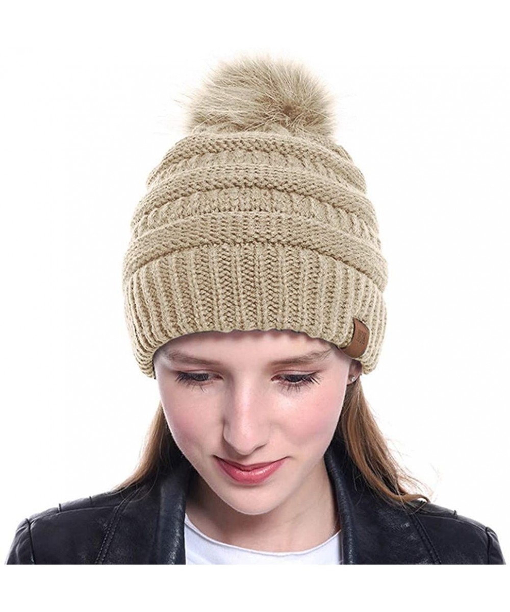 Skullies & Beanies Women Casual Knit Hats Beanie Hat Large Pom Ladies Winter Warm Cap - Beige - CZ18AYXUQSK $9.77