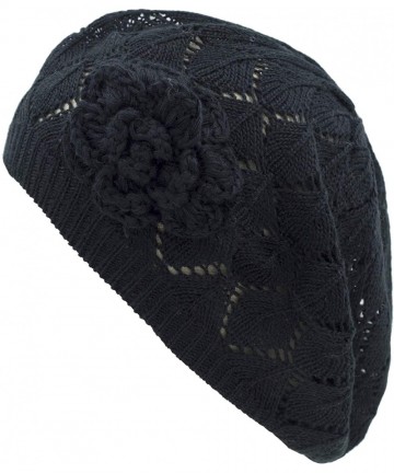 Berets Womens Crochet Flower Beanie Hats Lightweight Cutout Knit Beret Fashion Cap - Black Diamond Stripe - CU12LCQ6YCZ $18.79