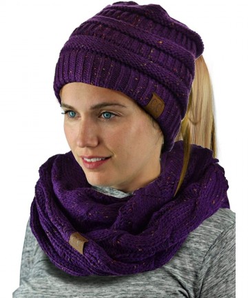 Skullies & Beanies Colorful Confetti BeanieTail Messy High Bun Cable Knit Beanie and Infinity Loop Scarf Set - Purple - C6193...