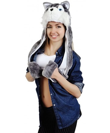 Skullies & Beanies Winter Warm Faux Fur Plush Animal Paw Hat Hoods Gloves Scarf 3-in-1 - Gray Husky - CI186XST2GX $13.50
