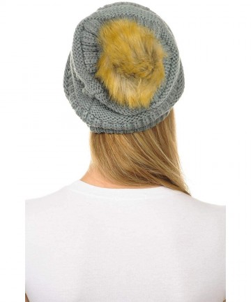 Skullies & Beanies Hat-43 Thick Warm Cap Hat Skully Faux Fur Pom Pom Cable Knit Beanie - Natural Grey - C518X8X60Y3 $17.63