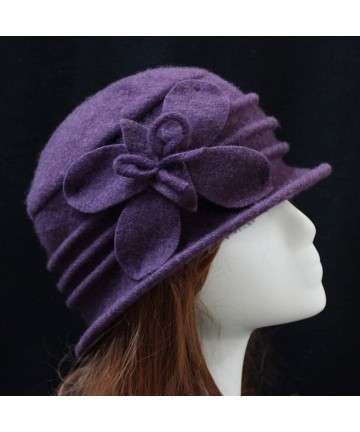 Skullies & Beanies Women 100% Wool Felt Round Top Cloche Hat Fedoras Trilby with Bow Flower - A1 Purple - CS185AEU048 $23.08