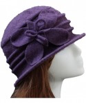 Skullies & Beanies Women 100% Wool Felt Round Top Cloche Hat Fedoras Trilby with Bow Flower - A1 Purple - CS185AEU048 $23.08