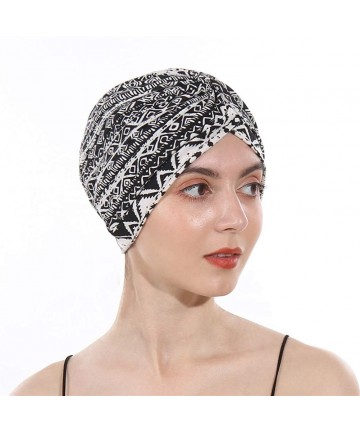 Skullies & Beanies Women's Cotton Turban Elastic Beanie Printing Sleep Bonnet Chemo Cap Hair Loss Hat - Black - CG18RNX947R $...