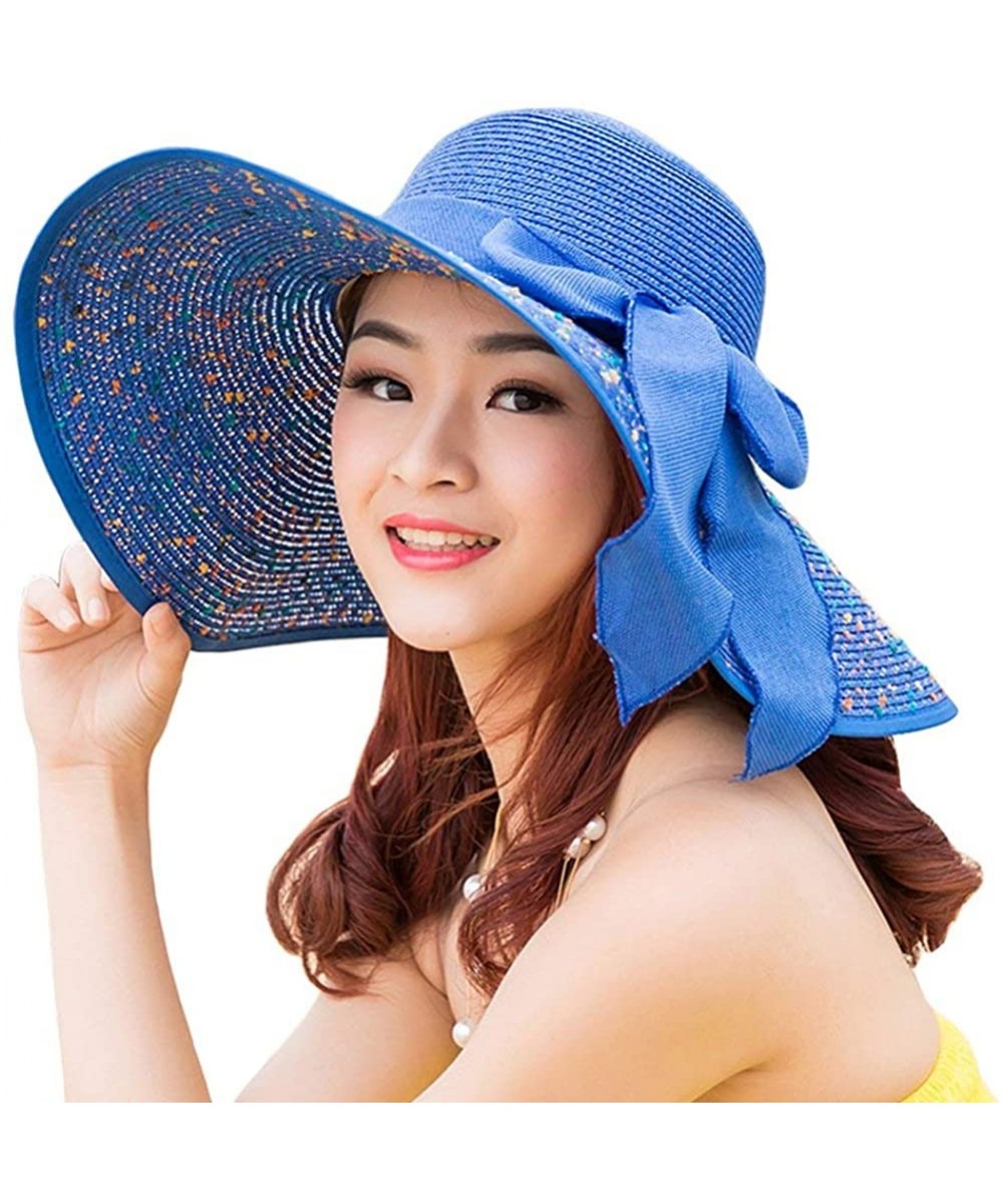 Sun Hats Women's Big Bowknot Straw Sun Hat Floppy Foldable Roll up UV 50+ Beach Cap - Royal Blue-style B - CZ18STNGRIW $17.55