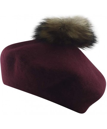 Berets Womens French Artist Wool Beret Fur Pompom Hats - Wine - CE18KGY2RSE $23.33