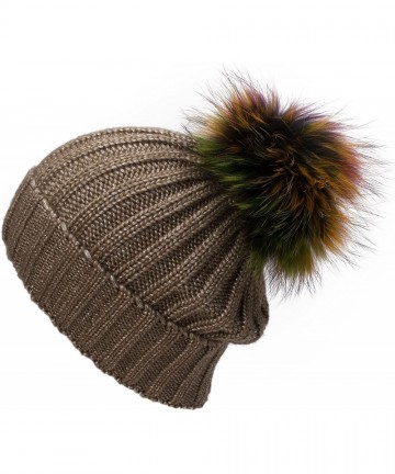 Skullies & Beanies Sparkle Threading Wool Crochet Knit Hat Pom Pom Winter Beanie Cap T263 - Brown With Colorful Pom Pom - C21...