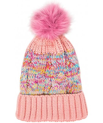 Skullies & Beanies Warm Fleece Lined Cable Knitted Faux Fur Pompom Beanie Hat - Soft Chunky Beanies for Women - Multi Cable-p...