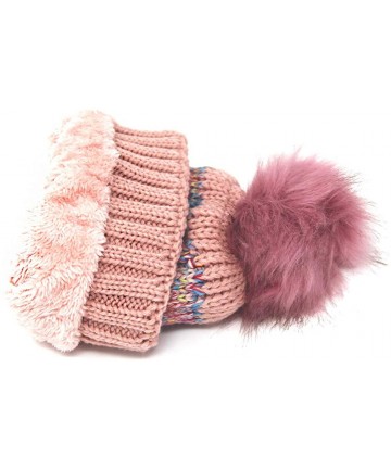 Skullies & Beanies Warm Fleece Lined Cable Knitted Faux Fur Pompom Beanie Hat - Soft Chunky Beanies for Women - Multi Cable-p...