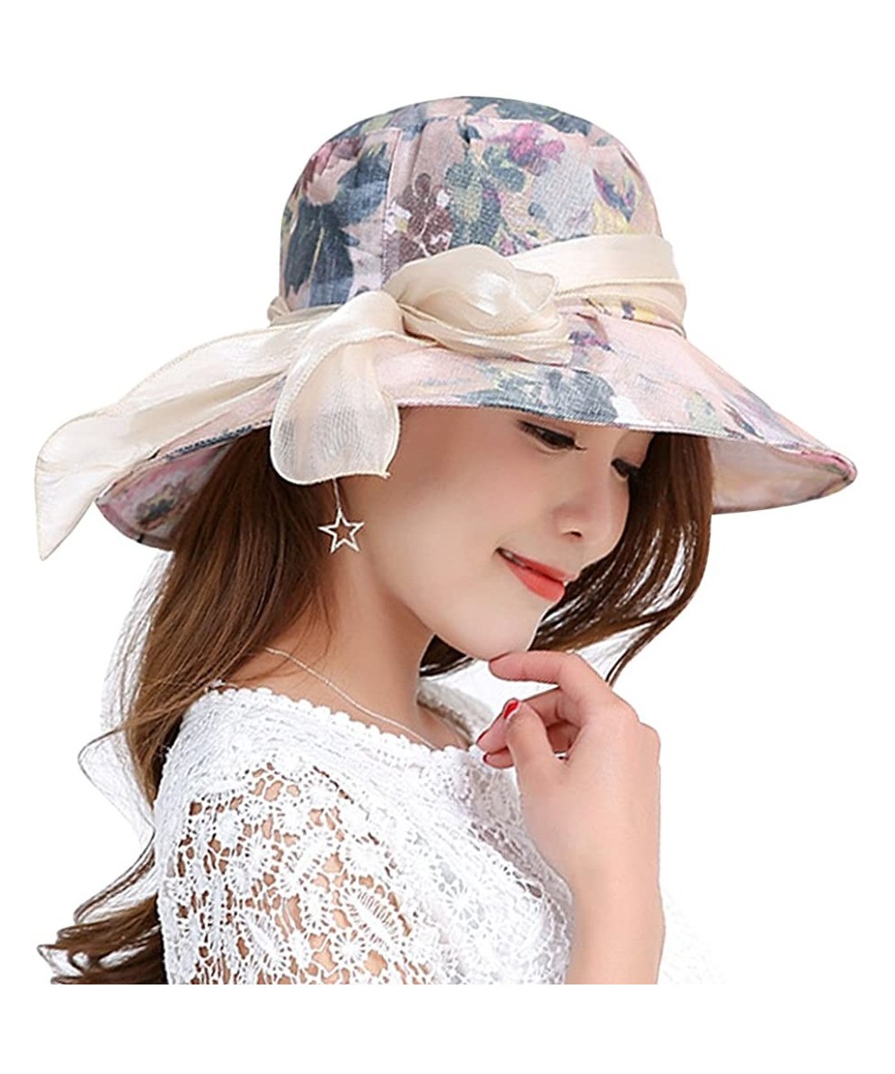 Sun Hats Women Wide Brim Sun Hat Floral Beach Cap Floppy UPF 50+ UV Protection Bucket Hat - Khaki - CE18E8TK4GD $18.20