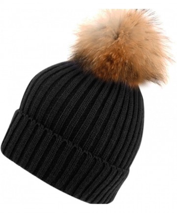 Skullies & Beanies Womens Girls Knitted Fur Hat Real Large Raccoon Fur Pom Pom Beanie Hats - Bn2356black - CI12O0ZWTBI $13.35