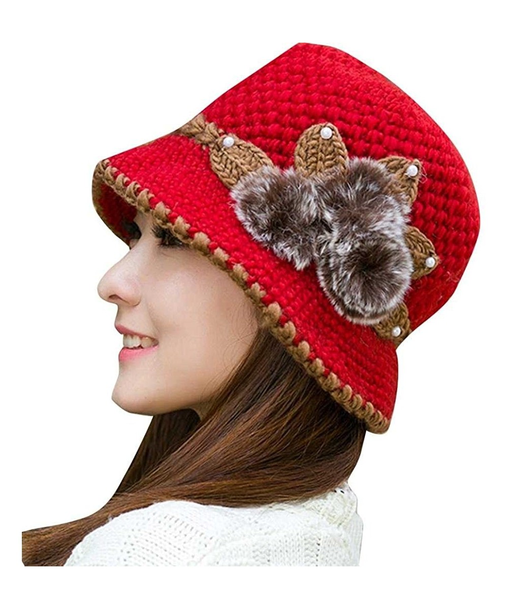 Skullies & Beanies Women Ladies Winter Knitting Hat Warm Artificial Wool Snow Ski Caps With Visor - U-red - C5189T7M54W $14.62