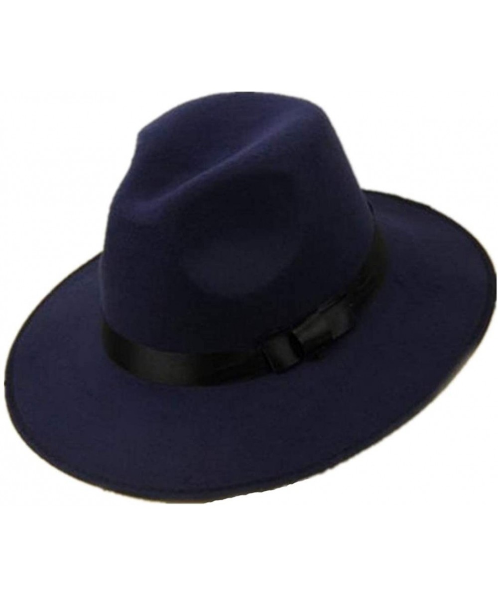 Fedoras Wool Felt Fedora Hats for Men Classic Wide Brim Jazz Cap Trilby Hat with Black Bowknot Band - Blue - C318R4XOOLT $34.68