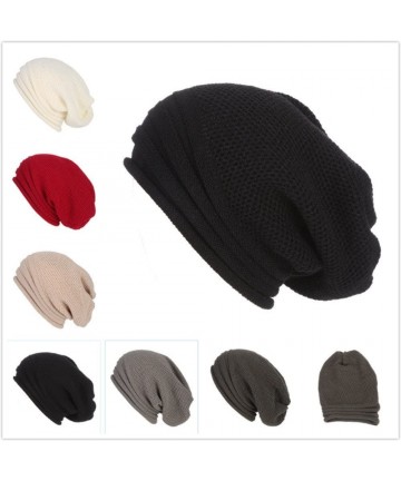 Skullies & Beanies Unisex Knit Slouchy Beanie Chunky Baggy Hat Warm Skull Ski Cap Faux Fur Pompom Hats for Women Men - B-beig...
