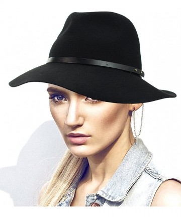 Bucket Hats Exclusive Women's Push Pin Band Wool Flop Brim Fedora Hat - Black - C61274IMLX1 $30.16