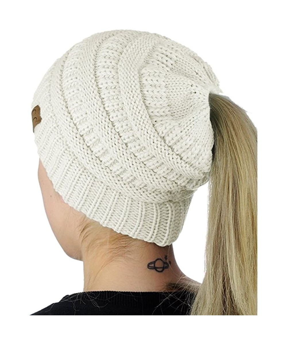 Skullies & Beanies Women's Warm Cable Knitted Messy High Bun Hat Beanie with Hole for Pony Tail Skull Cap - White - CH188O7TI...
