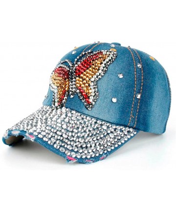 Baseball Caps Women Fashion Rhinestone Butterfly Denim Baseball Cap Snapback Hat - B - C9182L906DL $11.46
