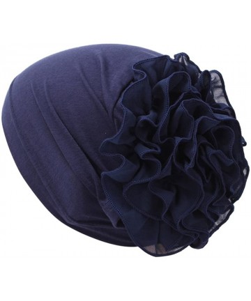 Skullies & Beanies Women Flower Muslim Ruffle Cancer Chemo Hat Beanie Turban Head Wrap Cap - Navy - C5187A77CA4 $21.40