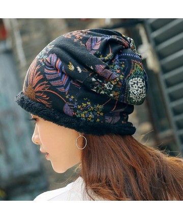 Skullies & Beanies Women's Warm Plus Velvet Thicken Beanie Hat Collar Cashmere Fashion Painting Hat - Black - C818KN5ZIEE $22.09
